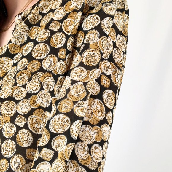Stunning Vintage Oversized Archaeology Ancient Coin Print Button Up Blouse Shirt - Picture 3 of 6